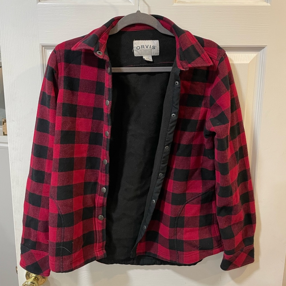 Orvis button up red buffalo check fleece “shacket” (Womens Small)